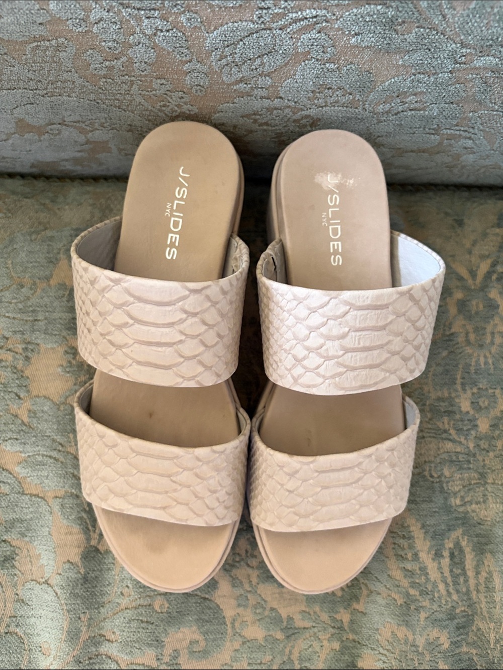 J/SLIDES Women's Double Band Slide Sandal in Light Beige Snake-Embossed